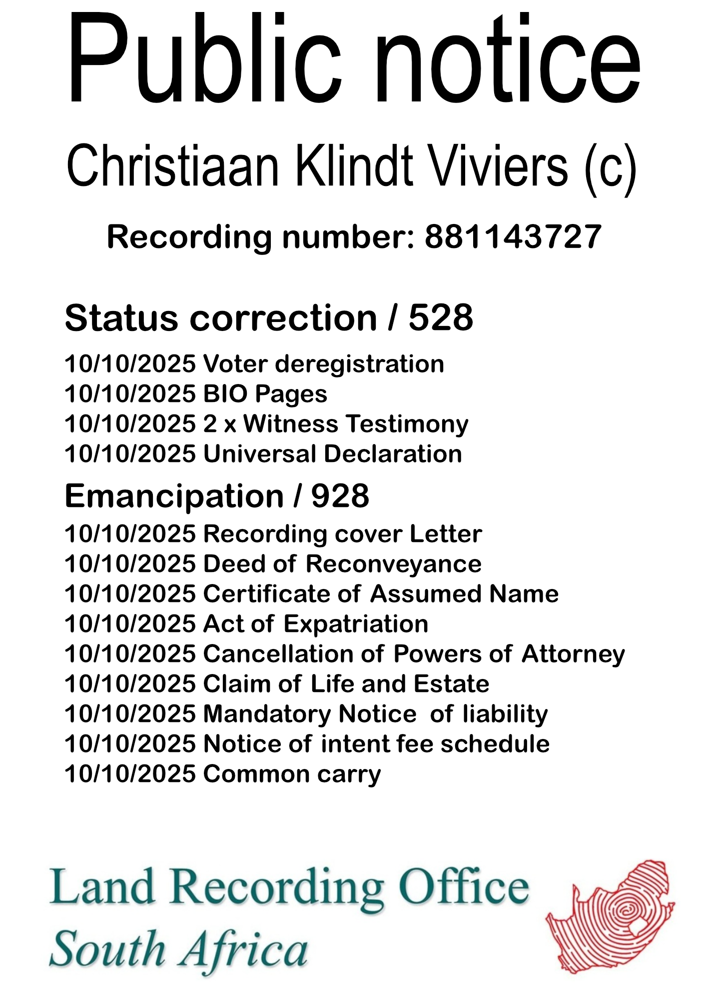 Public notice Christiaan Klindt Viviers Recording number 881143727